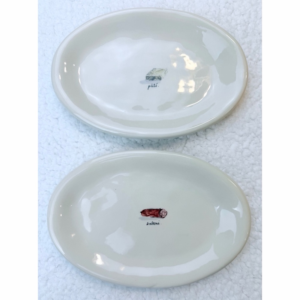 RAE DUNN • (Set of 4) Cream Meat-Themed Oval Ceramic Appetizer Plate Set - Picture 6 of 16